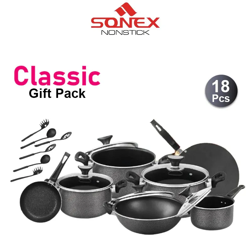 Sonex Classic Gift Pack – 18 Pieces Non Stick Cookware Set with Glass Lid